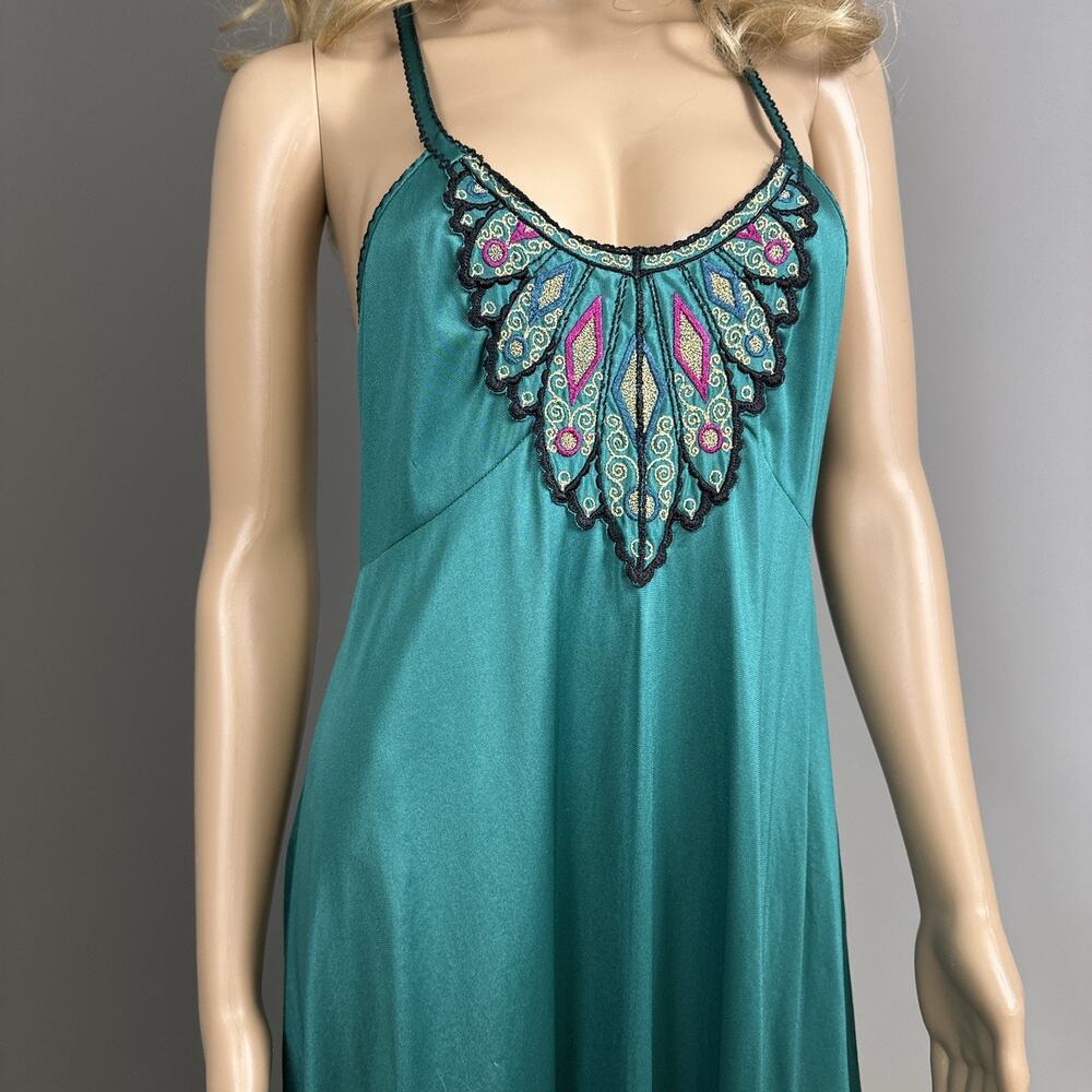 Vintage Nylon Full Length Nightgown Green Satin Applique Lace Maxi Slip Large